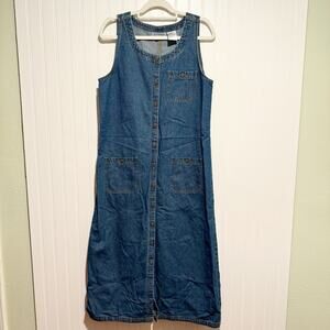 Vintage Erika Co Denim Jumper Dress Patch Pockets Button Front Midi Size Small